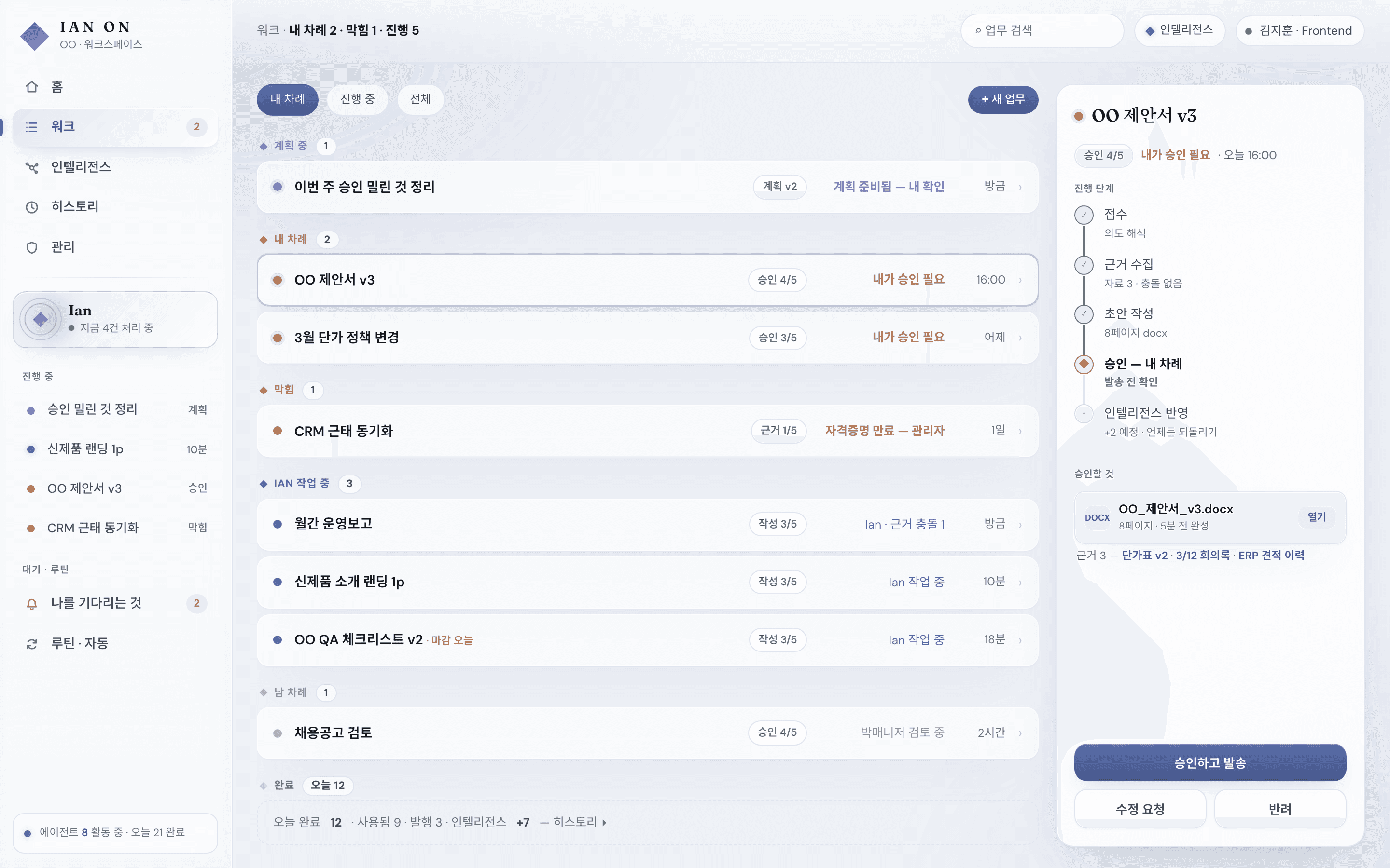워크 화면 — 실행 장부